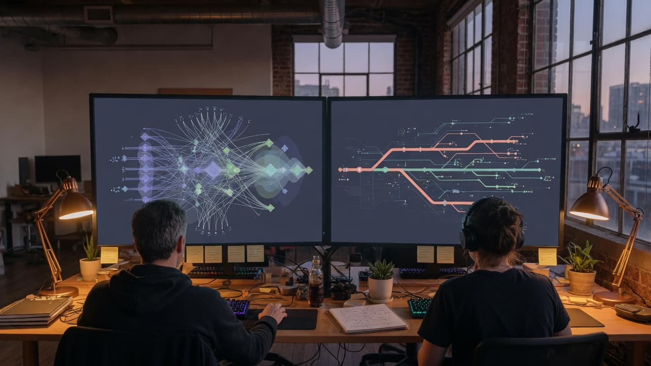 Két mérnök háttal egy kettős monitoros asztalnál, elágazó diagrammal a képernyőkön